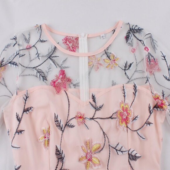 Women Casual Floral Embroidered Tulle Dress 3/4 Sleeves Wedding Prom - Picture 3 of 5